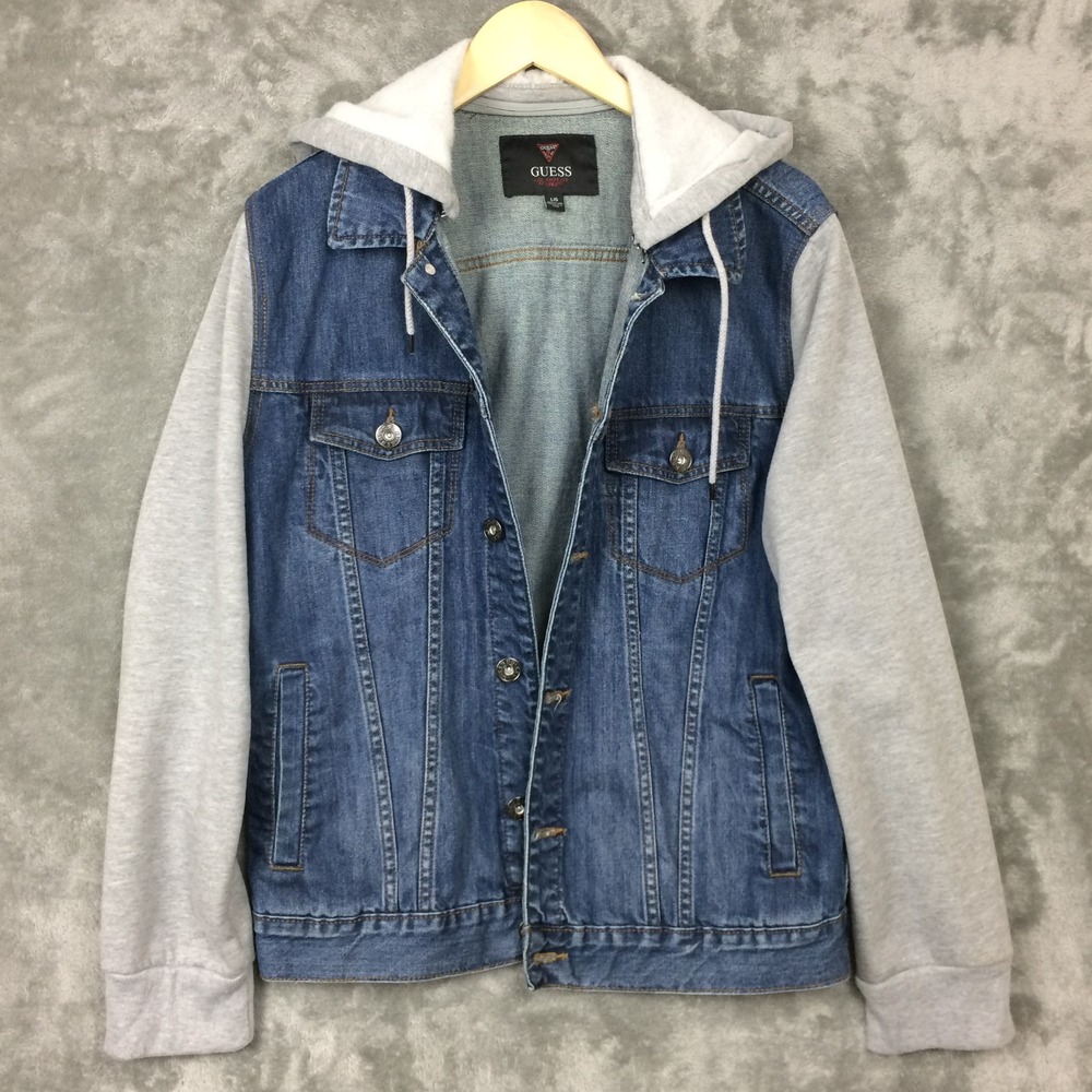 GUESS Denim Trucker Jacket Mens Large Blue Gray Knit Hoodie Removable Hood